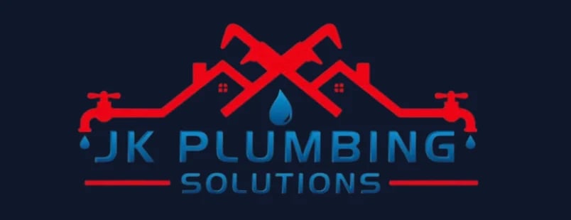 JK Plumbing Solutions logo featuring red pipes, mountain peaks design, and blue water droplet on dark background
